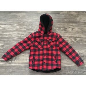 Boys Youth Red Plaid Skater Coat Black Sherpa Size 8 Medium Warm Button‎ Up